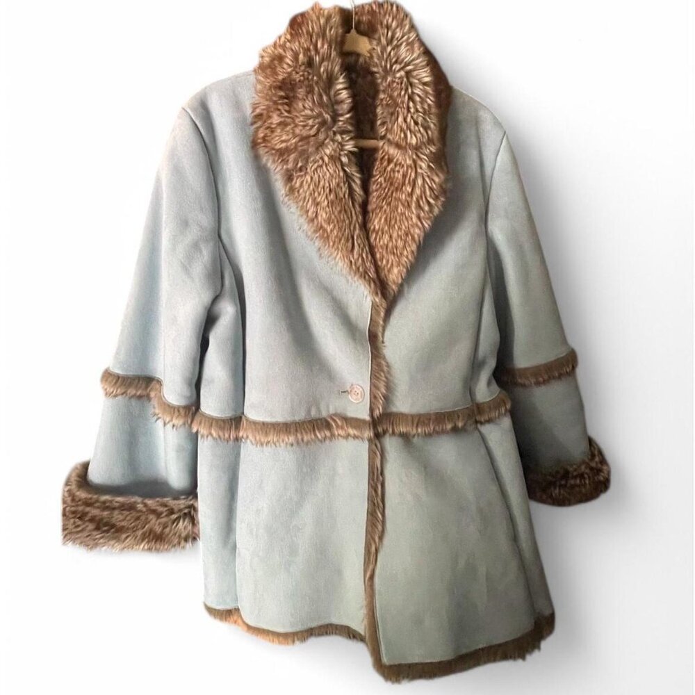 Baby Blue Faux Suede Reversible Brown Fur Button Coat Collar Lapel Y2k